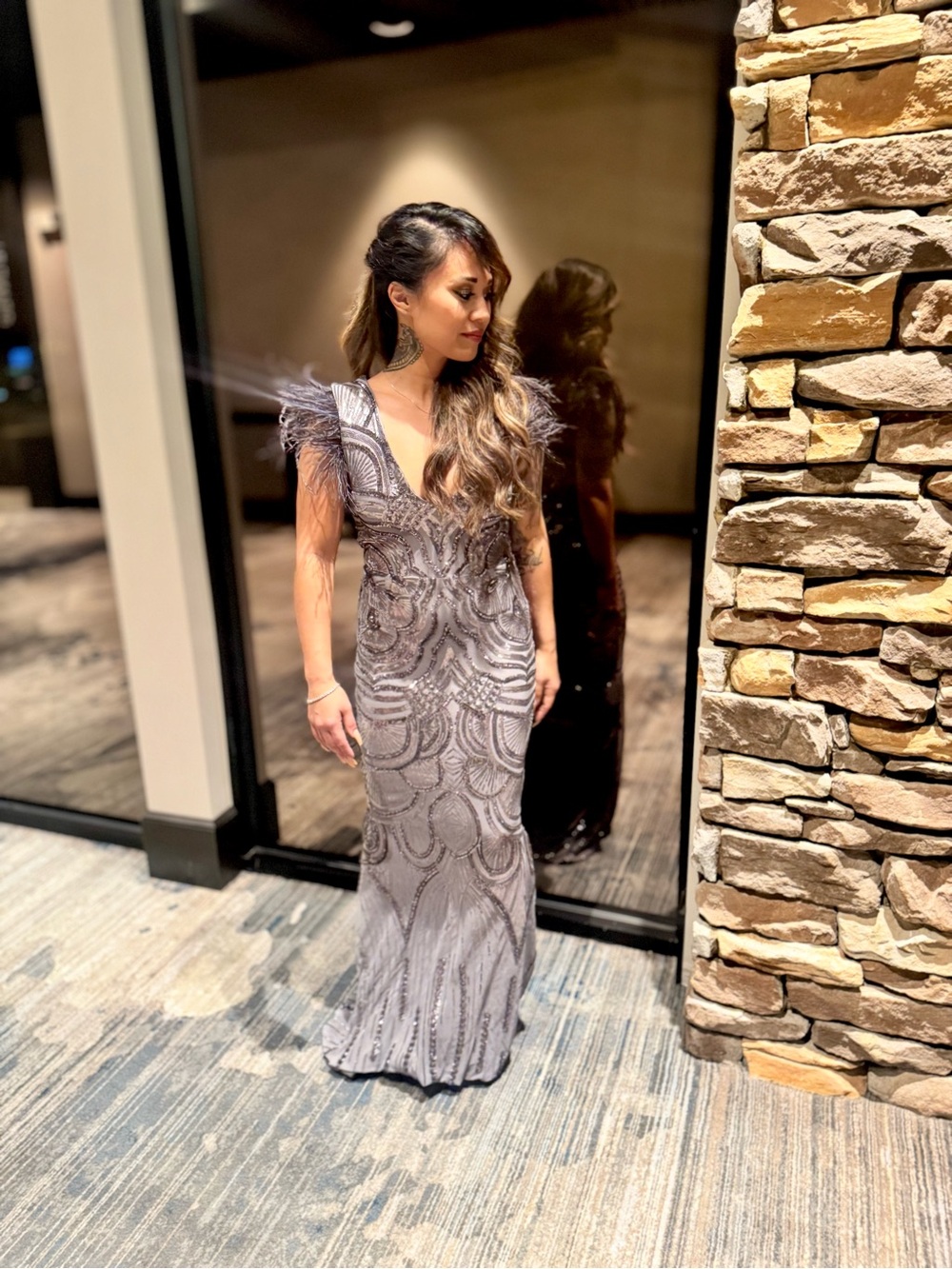 Fashion Nova Silver Beaded V-Neck Maxi Gown with Feather Cap Sleeves